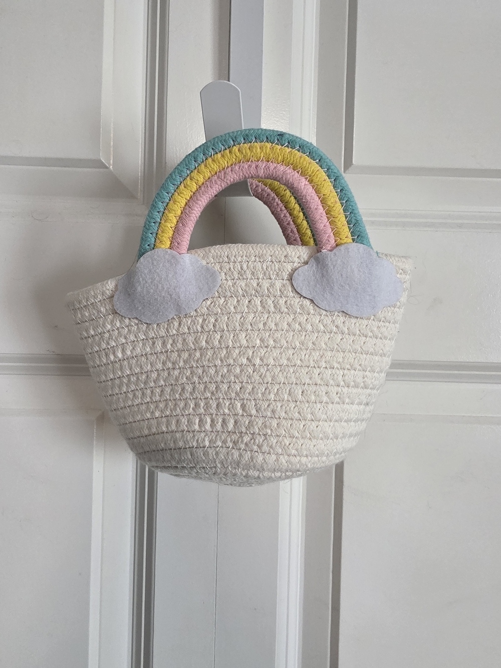 small Cream rope Tote/kids' purse/basket with Rainbow Handles